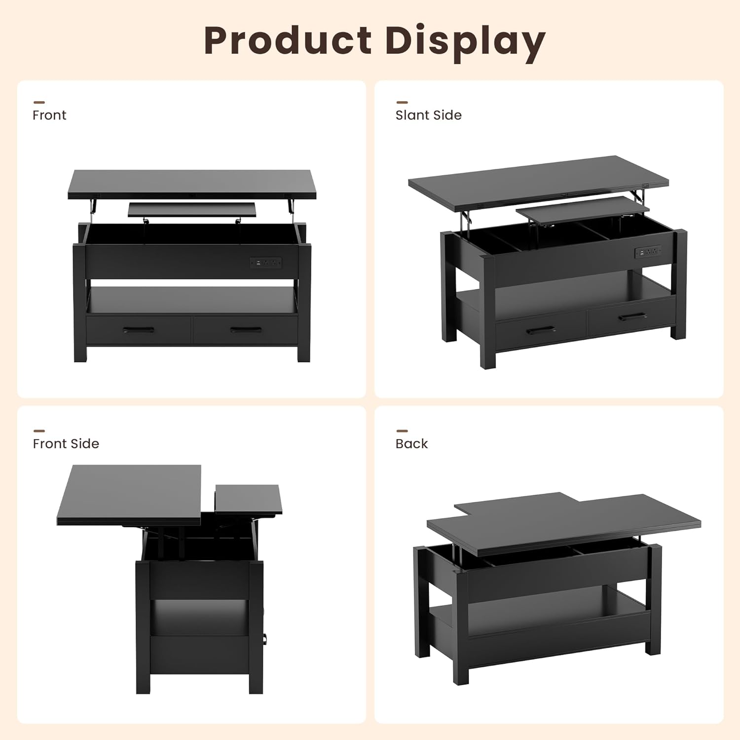 MALOL 40" Smart Lift Top Coffee Table for Living Room, 4 in 1 Multi-Function Modern Coffee Tables with Storage Drawers, LED Light and Charging Station, Farmhouse Wood Coffee Table, Black