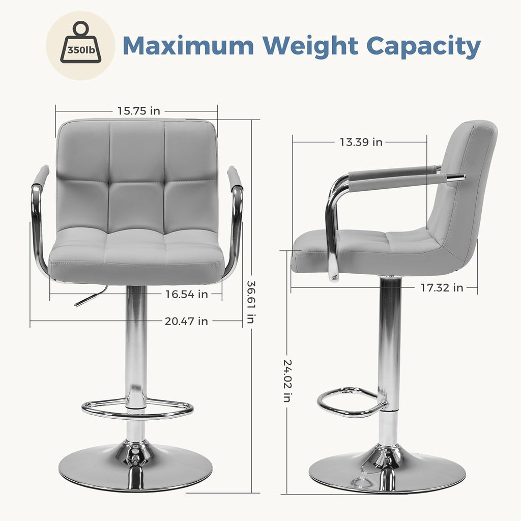 DUMOS Bar Stools Set of 2, Adjustable Swivel Bar Chairs with Padded Armrests and Ergonomic Backrest for Kitchen Island Counter Pub Dining Room, Water-Resistant PU Leather, Grey
