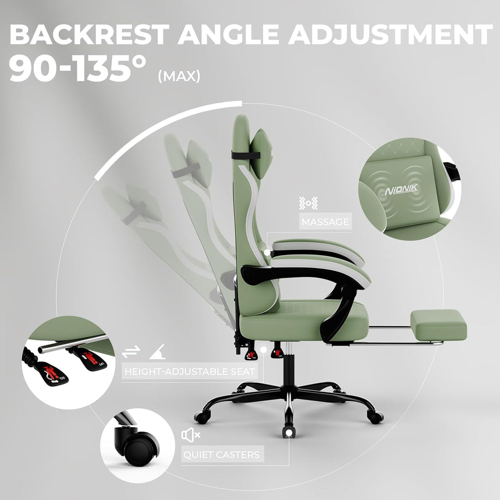 Gaming Chair with Massage,Ergonomic PC Gaming Chair Computer Chairs with Footrest Comfortable Headrest and Lumbar Support, High Back GREENWHITE