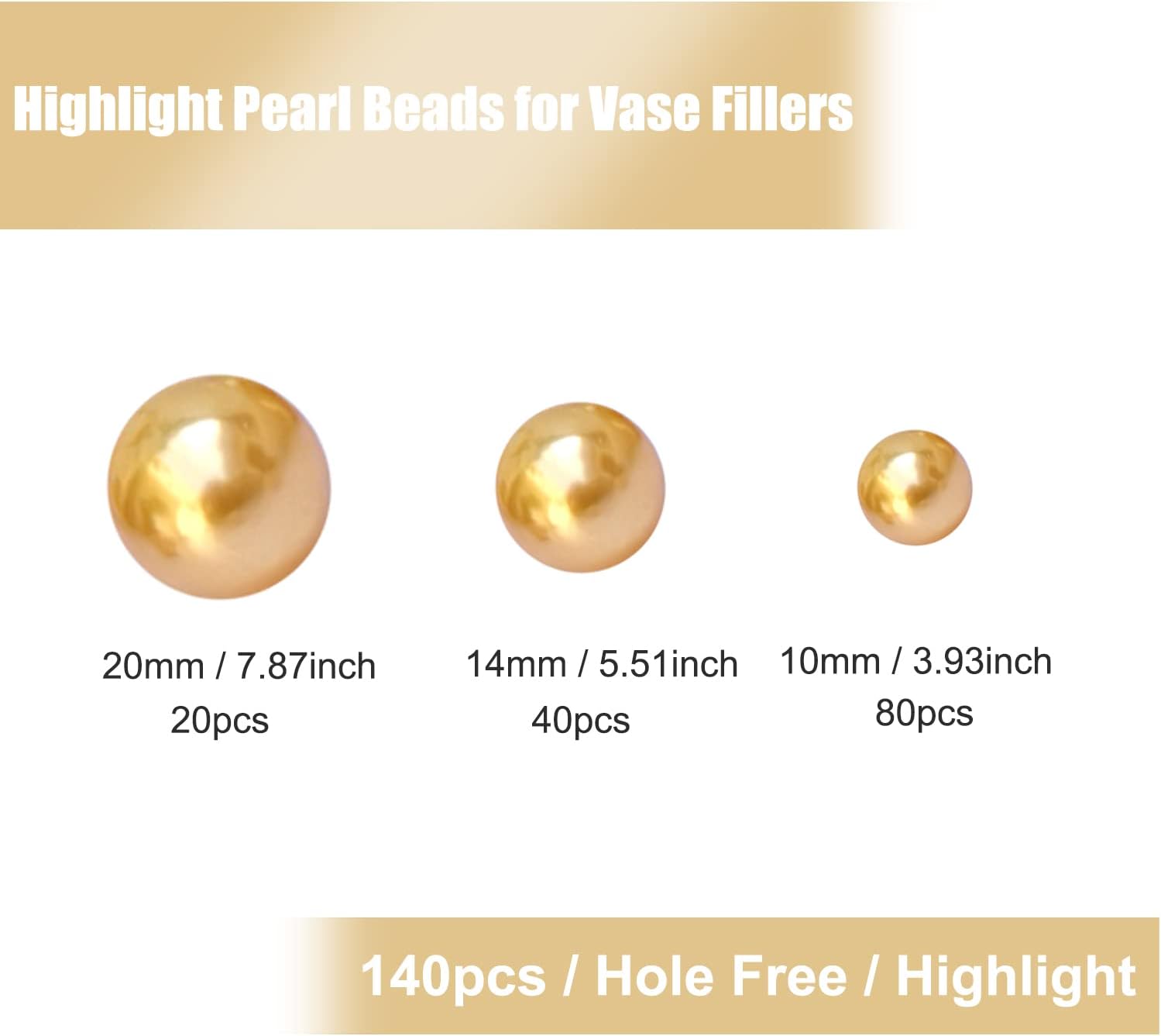 140 Pieces Pearl for Vase Filler No Hole Pearl Beads for Vase Makeup Beads for Brushes Holder for Home Wedding Decor 10/14/20mm (Gold)