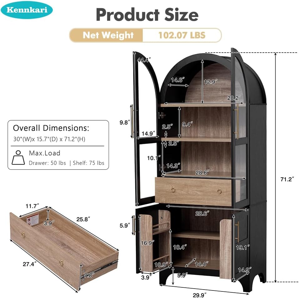 71" Tall Arched Kitchen Pantry Cabinet with Adjustable Shelves & Large Drawers, Arched Bookshelf with Storage Cabinet & Glass Doors, Wooden Versatile Cupboard for Dining Room (Black)