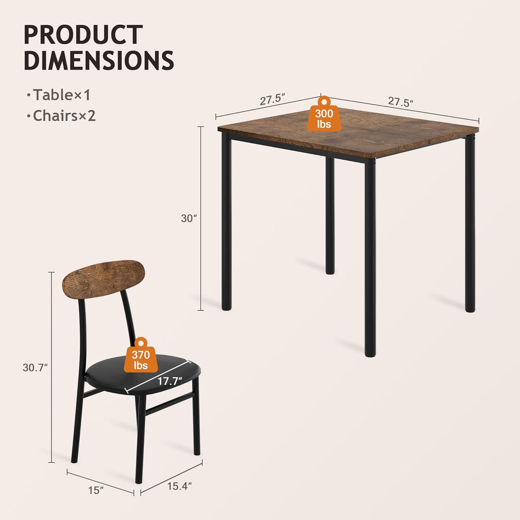 Yumori Dining Table Set for 2, Wood Square Table with 2 Upholstered Chairs for Kitchen and Dining Room, Space Saving (Rustic Brown)