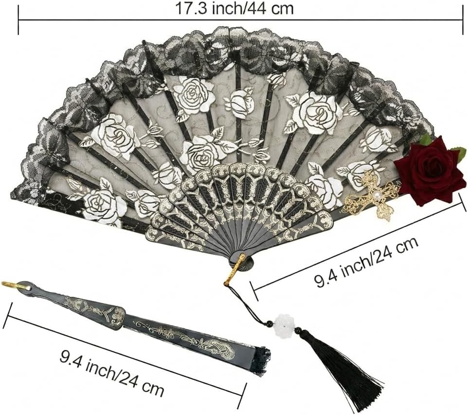 Vintage Lace Folding Hand Fan with Rose & Cross Design, Handmade Decorative Handheld Fan for Party Dance Photography Prop