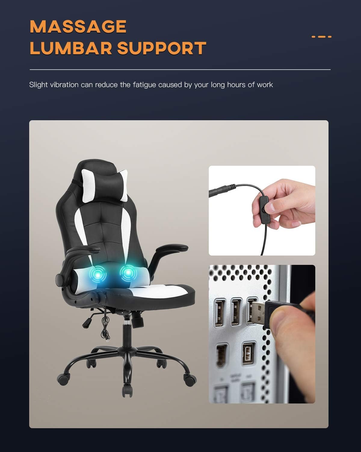 Vnewone Computer Gaming Chair Office PC Ergonomic Executive Desk Racing Rolling Swivel Task PU Leather with Lumbar Support Headrest Adjustable Armrest Massager, White