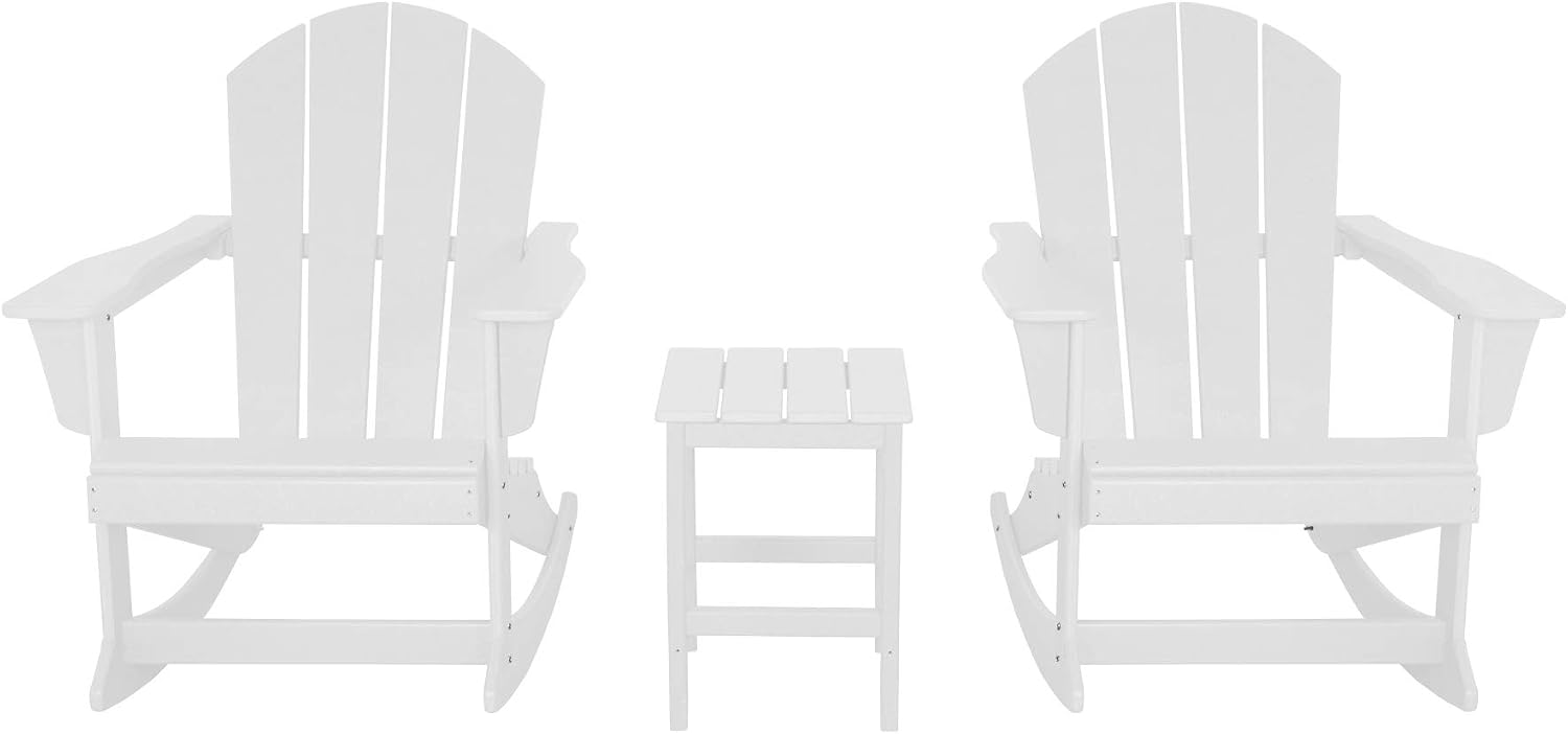 HDPE Laguna Outdoor Rocking Poly Adirondack Chair with Side Table 3-Piece Set, White