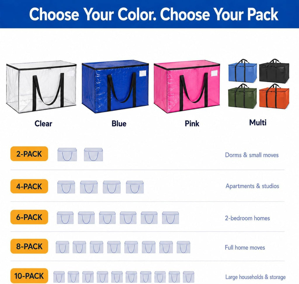 ClearSpace Oversized Moving Bags or Storage Bag – Large Moving Boxes with Backpack Straps, Zippers & Handles – Heavy-Duty Packing Bags for Moving, College Dorm, Christmas Decorations, 6 Pack