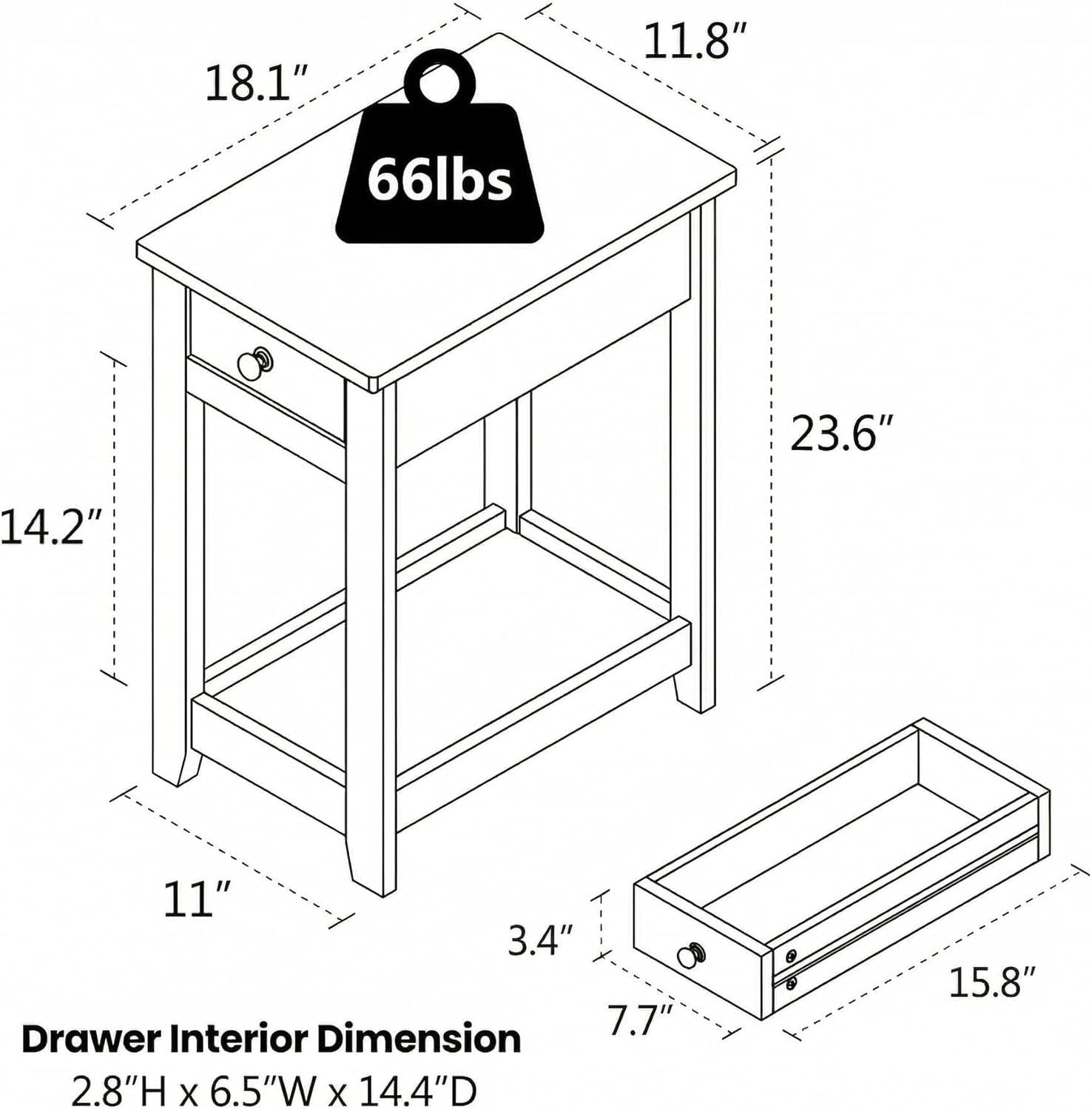 SEJOV End Table Set of 2, Narrow Night Stand with Drawer and Shelves, 2-Tier Small Wood Look Accent Side Tables Living Room Bedroom Office, White