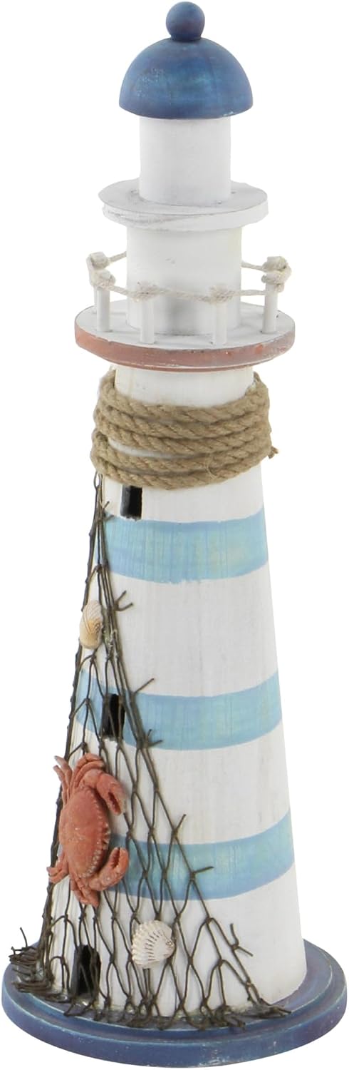 Deco 79 Wood Light House Decorative Sculpture Home Decor Statue with Netting, Accent Figurine 7" x 7" x 16", White