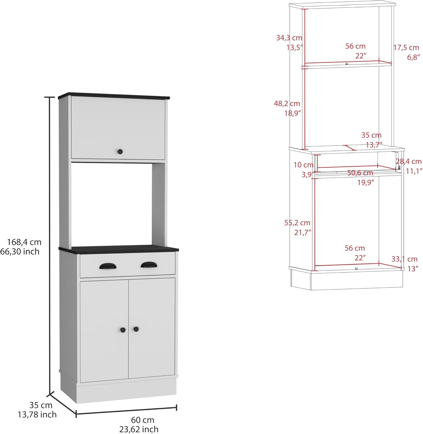 Tampa Kitchen Pantry with Drawer, 2 Cabinets, & Compact Design