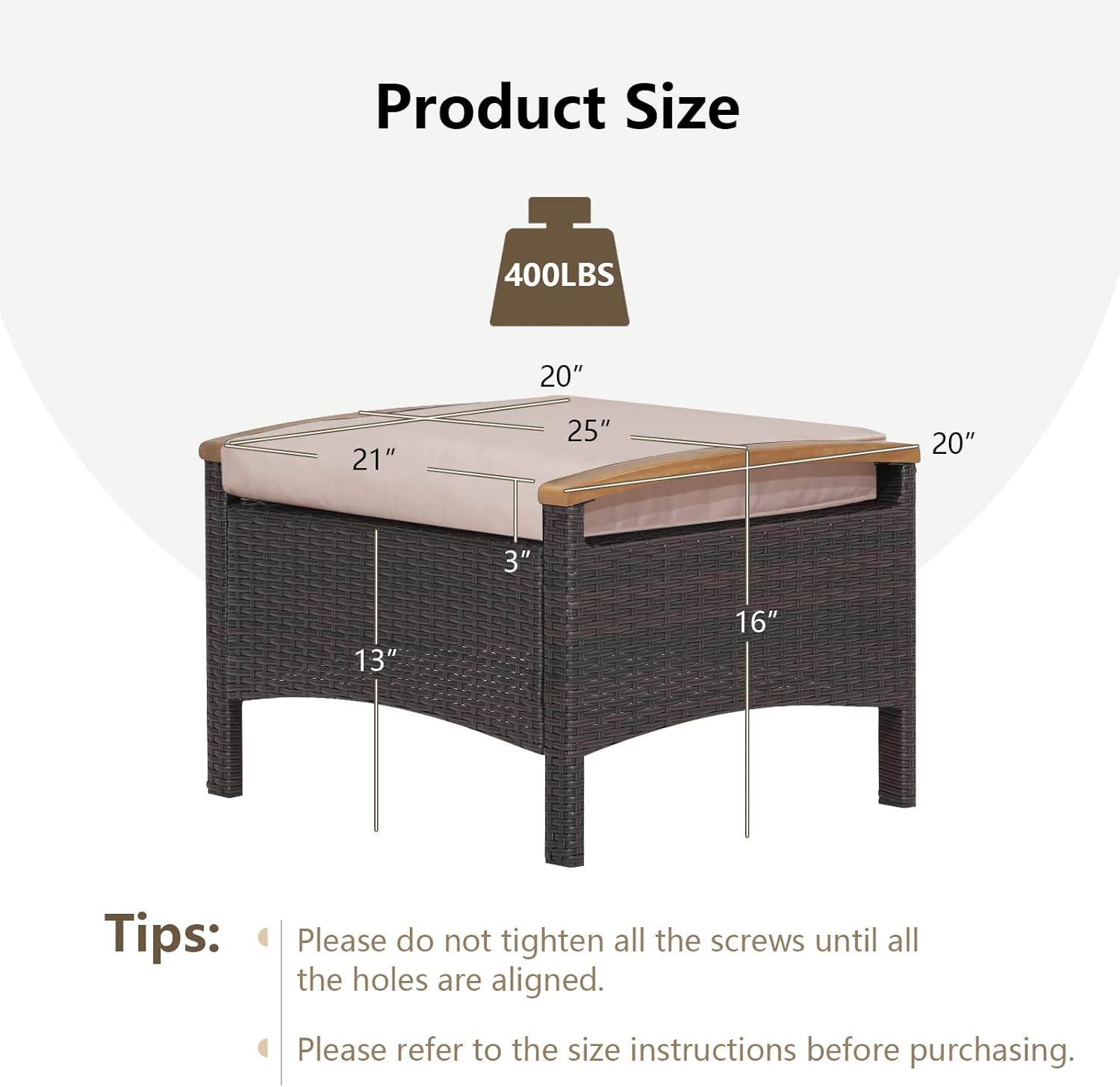 RELAX4LIFE Outdoor Wicker Ottomans for Patio - 2 Pieces PE Rattan Ottoman, Footrest Seat with Zippered Cushions, Acacia Wood Handles, 3-in-1 Footstool, Side Table for Poolside, Backyard (Brown)