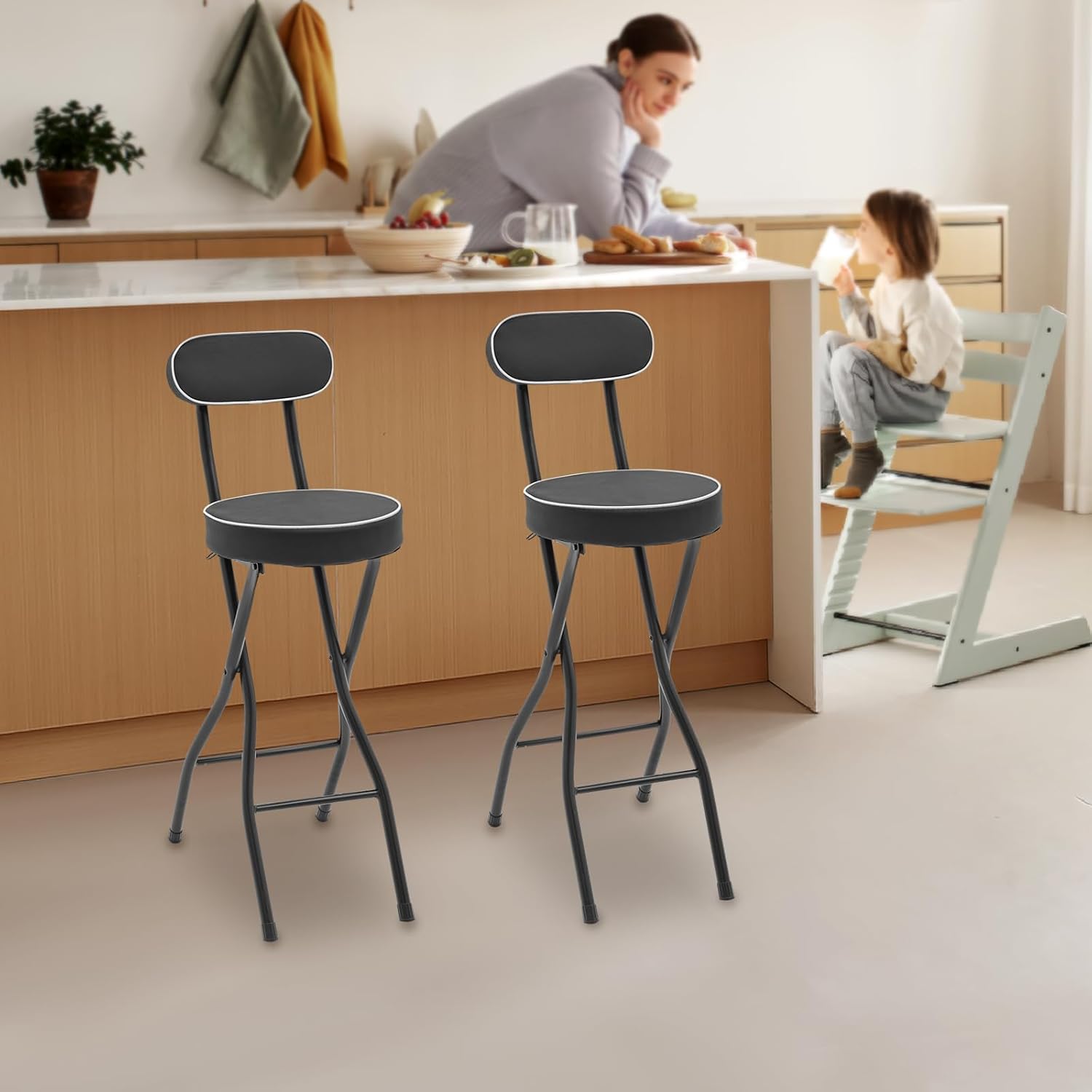 Cushioned Padded Folding Stool, 2PCS Tall Foldable Stools with Backrest, Bar Folding Stool, Portable Collapsible Counter Height Chair for Kitchen Island Shop Cafe Dining (Black)