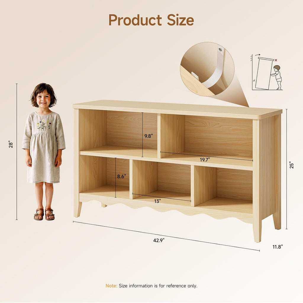 ONBRILL Montessori Shelf, 5 Cube Toy Storage Organizer with Wave Design, Safe Wooden Kid Toy Organizer Cabinet, Kids Bookshelf & Bookcase for Nursery Kids Room Playroom Bedroom Living Room Nursery