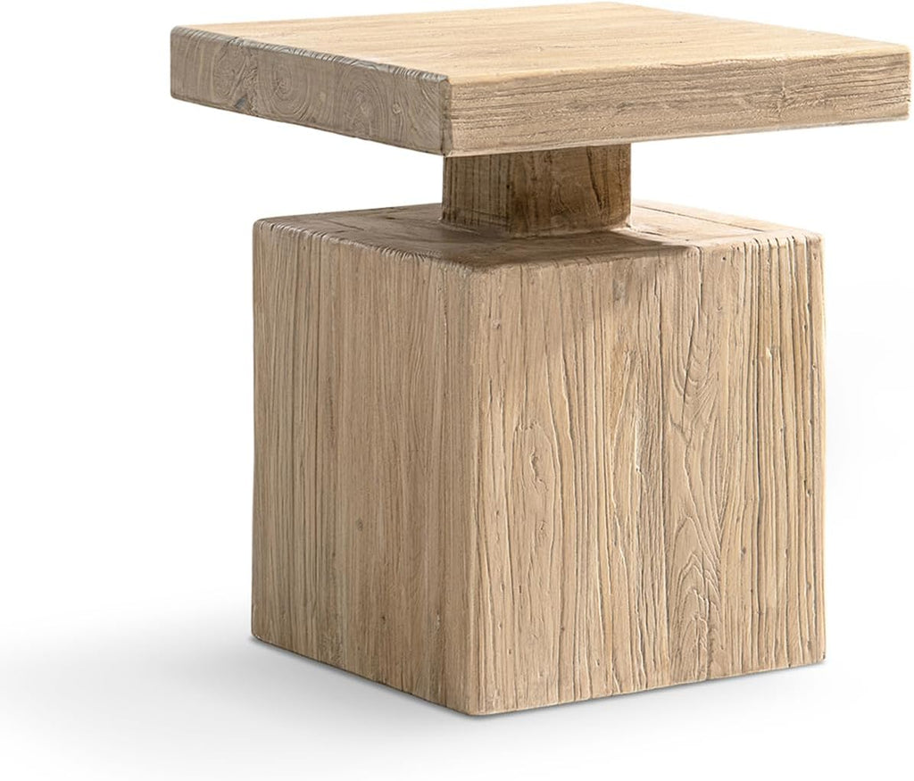 Jennifer Taylor Home Calder 18" Solid Square Reclaimed Elm Block Plinth Side Table, Heritage Light Natural Brown Reclaimed Elm