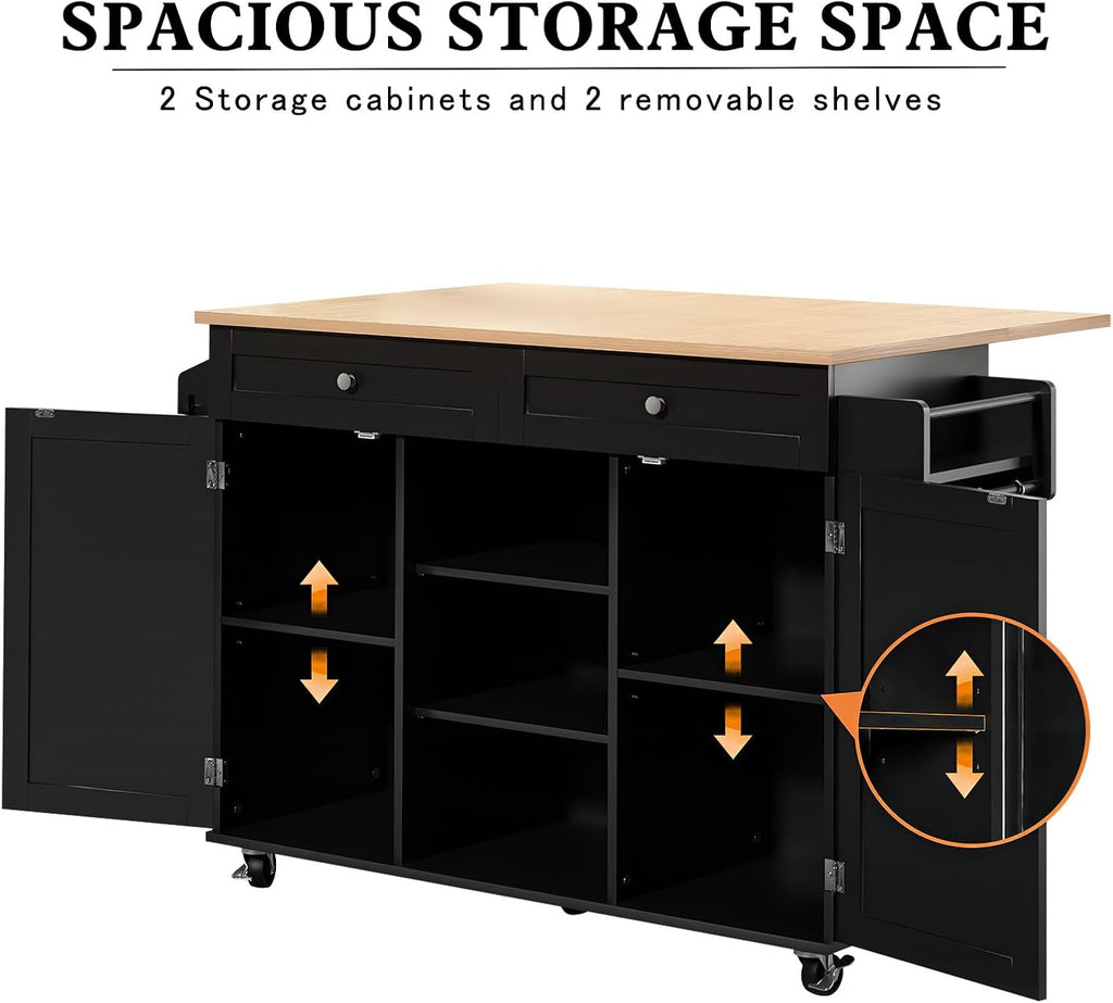 HLR Kitchen Island On Wheels, Black Rolling Kitchen Island Cart with Drop Leaf Countertop, Barn Door Kitchen Islands Table with Storage Cabinet and Tower Rack, Island Table for Kitchen
