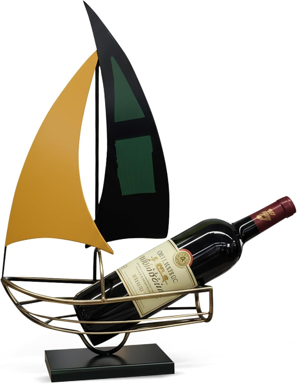 Metal Sailboat Wine Rack for Countertop – Decorative Wine Bottle Holder for Kitchen Bar Dining Table, Boat Sculpture Wine Stand Nautical Home Decor (Yellow and Green)