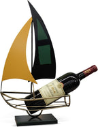 Metal Sailboat Wine Rack for Countertop – Decorative Wine Bottle Holder for Kitchen Bar Dining Table, Boat Sculpture Wine Stand Nautical Home Decor (Yellow and Green)