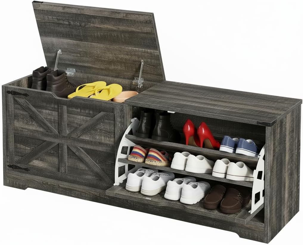 YITAHOME 55" L Farmhouse Shoe Storage Bench with Flip-Top Seat & 3 Tilt-Out Drawers, Entryway Organizer for Mudroom, Hallway, Cloakroom