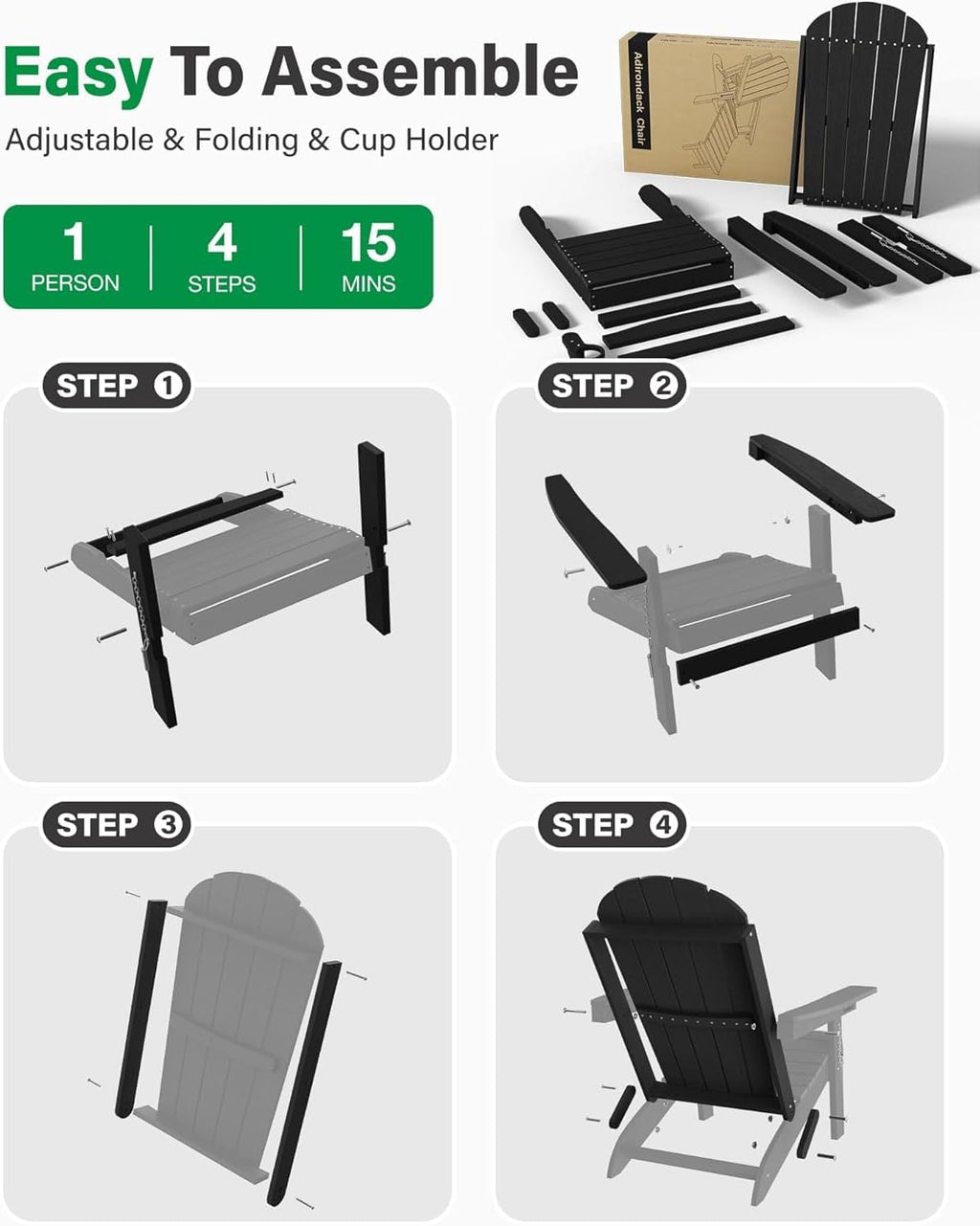YEFU Adirondack Chairs Set of 2 for Outdoor: Folding Plastic Adirondack Chair with Cup Holder & Adjustable Back for Adult - All-Weather HDPE Weather Resistant for Patio Lawn - Easy Assembly(Black)