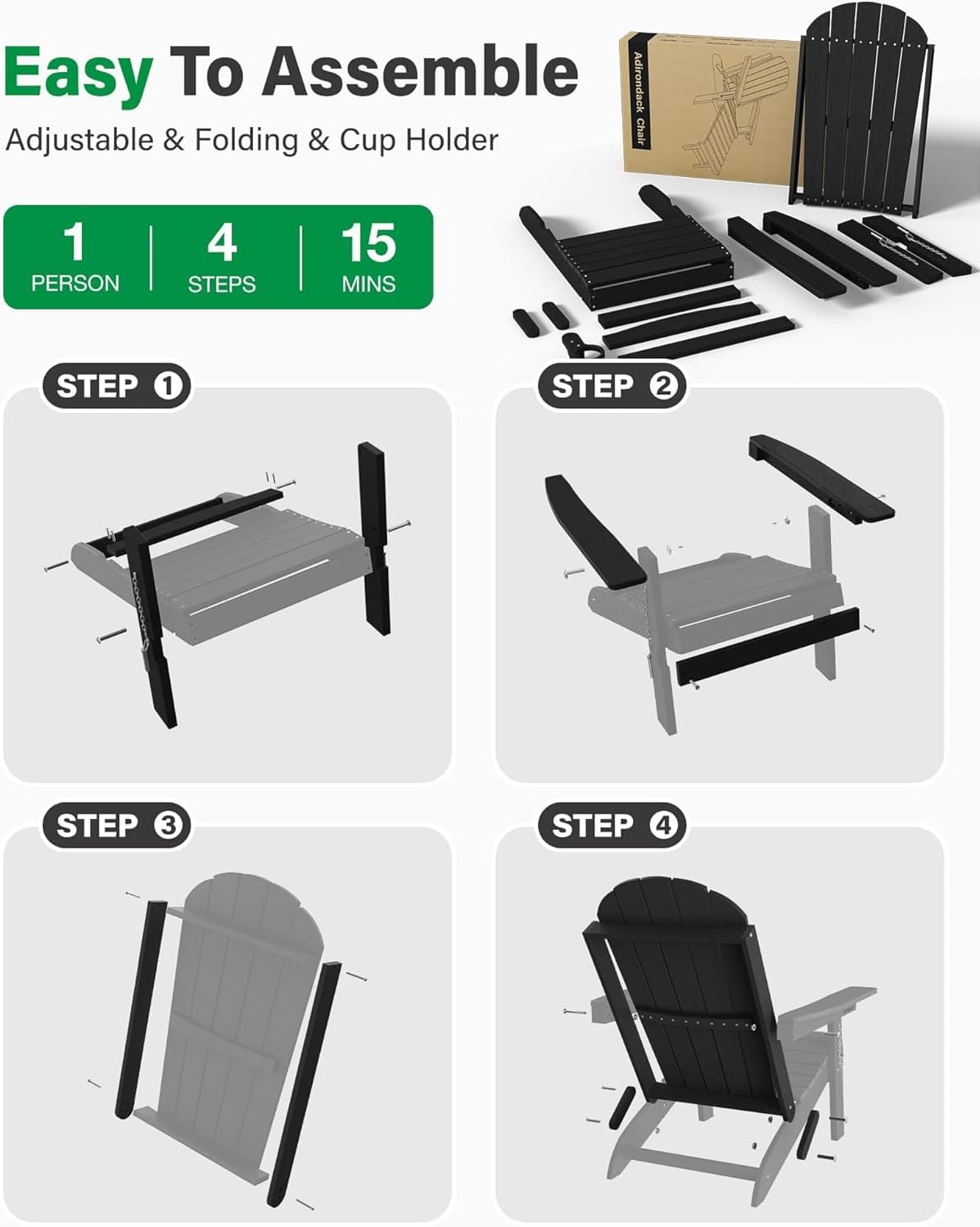YEFU Adirondack Chairs Set of 2 for Outdoor: Folding Plastic Adirondack Chair with Cup Holder & Adjustable Back for Adult - All-Weather HDPE Weather Resistant for Patio Lawn - Easy Assembly(Black)