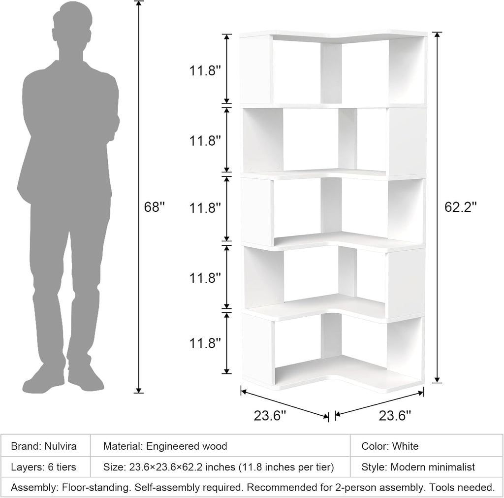 6-Tier Corner Bookshelf, 66" Tall L-Shaped Corner Shelf with Anti-Fall Baffles for Living Room Decor, Heavy Duty Wooden Bookcase Display Rack for Home Office Storage,White