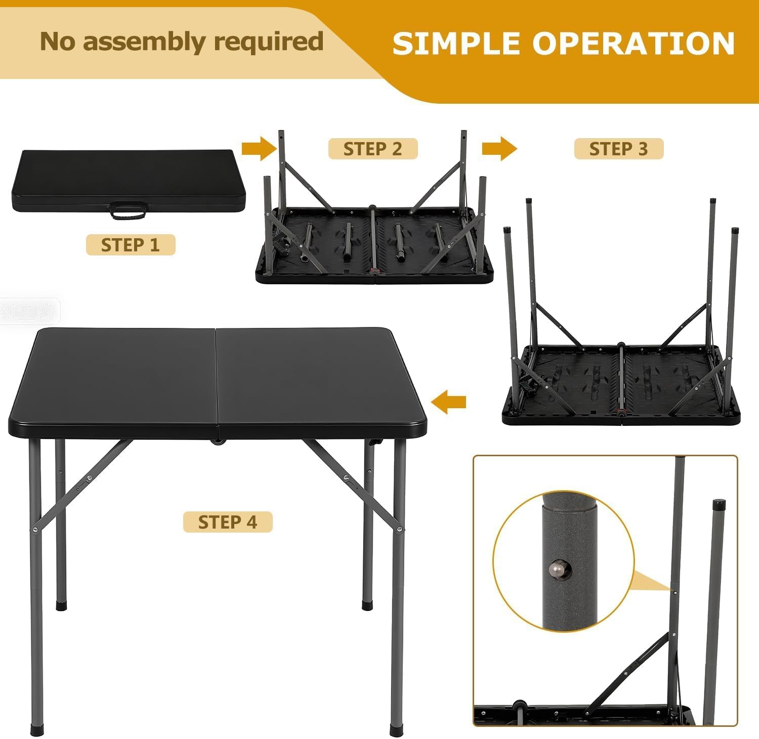 BLKMTY 34" Square Folding Card Table, Indoor Outdoor Portable Picnic Table Half Foldable Plastic Tables with Carrying Handle for Kitchen Camping Party BBQ Event, Black