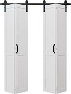 50" x 84" Bifold Barn Door with Hardware and Track Kit Included, Pre-Assembled Solid Core Panel Bi-fold Barn Door for Pantry, Closet, Primed White Finish with Water-Resistance, Paintable, H Shape
