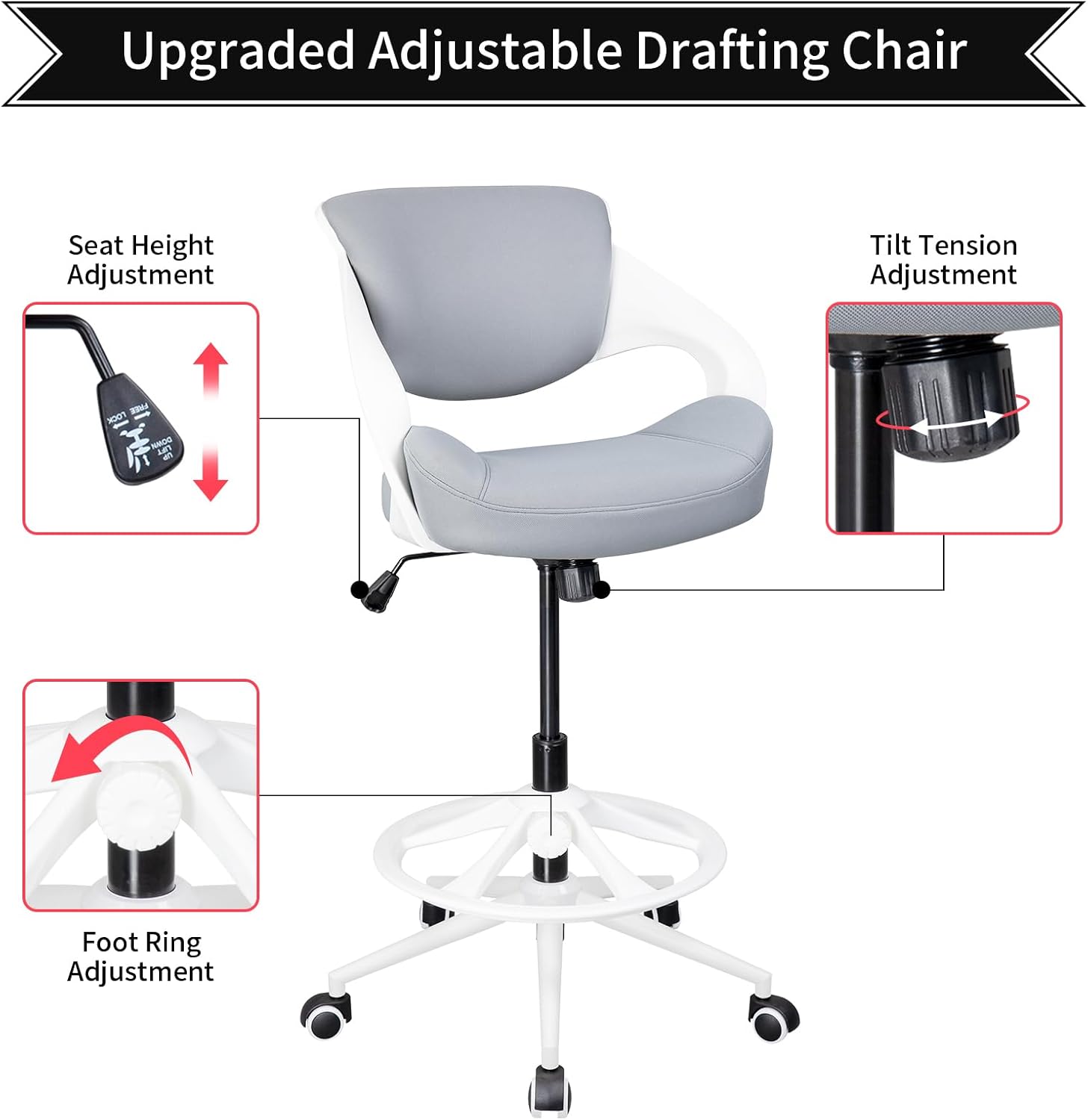 Ergonomic Drafting Chair,Standing Computer Desk Chair,Foot Ring,Lumbar Support,Swivel Task Chair -Grey