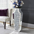 27" Tall Diamond Mirrored Floor Vase Silver Glass Decor for Flower No Water | Sparkling diamond mirror glass. Stunning floor accent for living room, entryway, or hallway. Ideal for modern home decor.