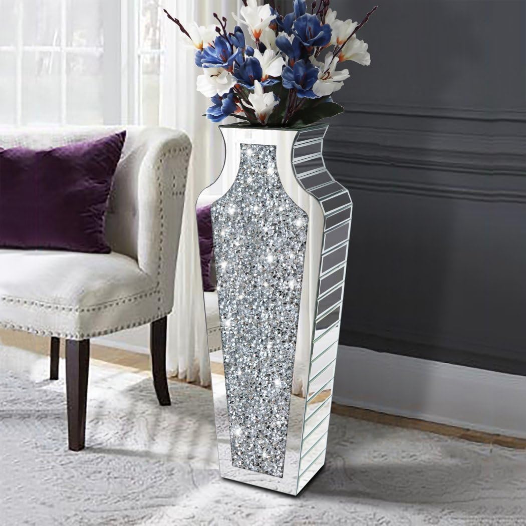 27" Tall Diamond Mirrored Floor Vase Silver Glass Decor for Flower No Water | Sparkling diamond mirror glass. Stunning floor accent for living room, entryway, or hallway. Ideal for modern home decor.