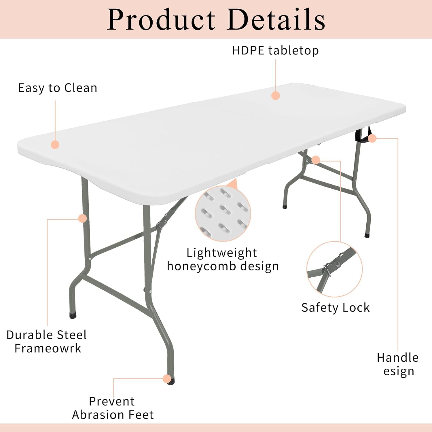 Set of 2 Folding Tables with Carrying Handle Lightweight 6FT Rectangular Portable Plastic Camping Table Steel Legs for Indoor Party, Dining, Outdoor Wedding, Events, Picnic (White)