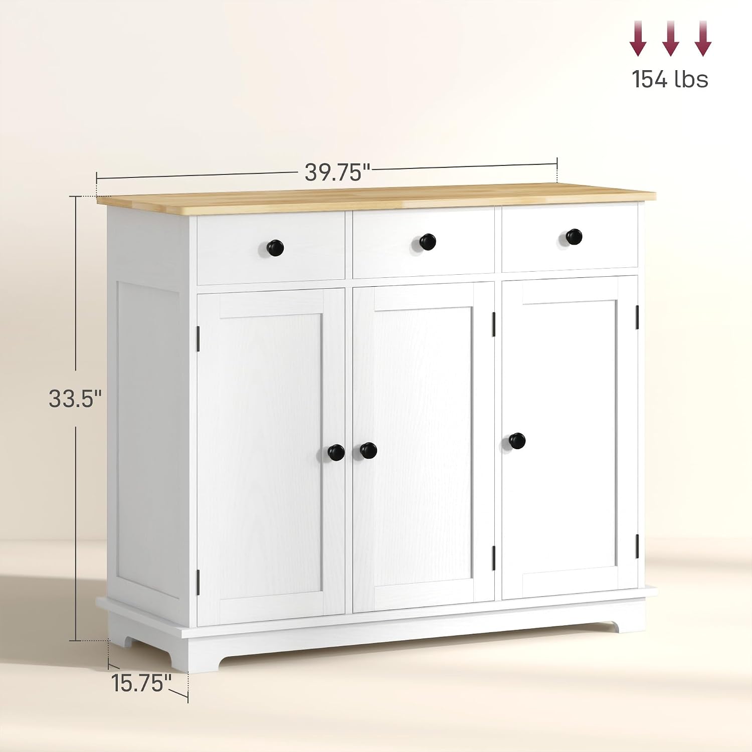 Sideboard with Solid Wood Countertop, Modern Kitchen Storage Cabinet, Coffee Bar Cabinet with 3 Drawers, Doors and Adjustable Shelf, Distressed White,for Kitchen
