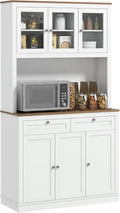 71" Tall Kitchen Pantry Storage Cabinet with Microwave Stand, Freestanding Buffet with Hutch, 2 Drawers, 5 Doors, Adjustable Shelves and Glass Doors for Kitchen, Dining Room, White,15.8 * 39.3 * 70.8