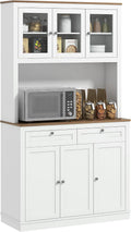 71" Tall Kitchen Pantry Storage Cabinet with Microwave Stand, Freestanding Buffet with Hutch 2 Drawers Adjustable Shelves and Glass Doors for Kitchen, Dining Room, White