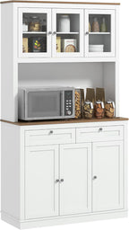 71" Tall Kitchen Pantry Storage Cabinet with Microwave Stand, Freestanding Buffet with Hutch 2 Drawers Adjustable Shelves and Glass Doors for Kitchen, Dining Room, White