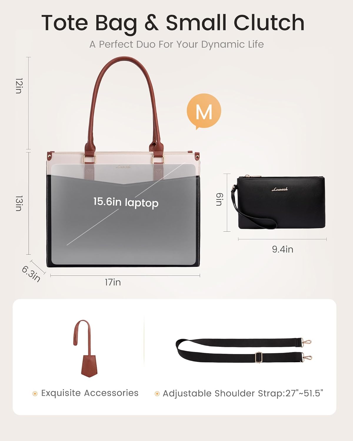 LOVEVOOK Laptop Lunch Bag for Women 15.6 Inch, Waterproof Tote Purse with Cup Holder & Elegant Clutch