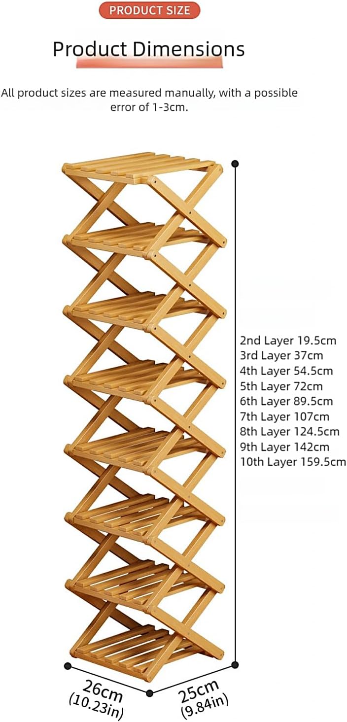 Foldable Shoe Rack, 1 Pack Multi Tier Bamboo Vertical Shoe Organizer Tall for Multifunctional Narrow Shoe Shelf, Space Saving Footwear Holder Unit for Entryway Closet Corner Hallway