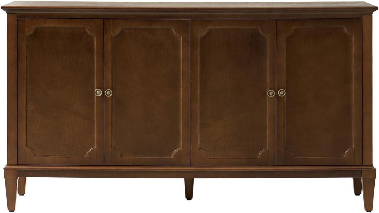 HULALA HOME Mid-Century Modern Sideboard Cabinet, 4-Door Storage Buffet, 58" W x 15.75" D x 32.2" H, Adjustable Shelves, Solid Rubberwood Legs(Walnut)