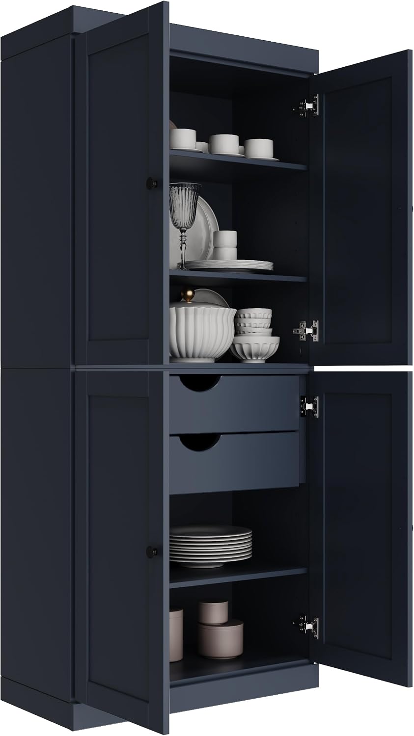 Palace Imports Solid Wood Kitchen Pantry Cabinet - 71.5" H x 32" W - Wooden Storage Cabinet w/ 4 Shaker Doors, 2 Drawers & 4 Adjustable Shelves, Antique Blue, 100% Eco-Friendly Wood, Made in Brazil