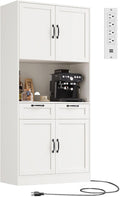 71" Tall Pantry Cabinet with Charging Station, Freestanding Kitchen Pantry Storage Cabinet with Adjustable Shelves & 2 Drawers, Kitchen Hutch with Open Countertop for Dining Room, White