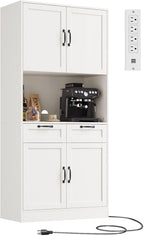 71" Tall Pantry Cabinet with Charging Station, Freestanding Kitchen Pantry Storage Cabinet with Adjustable Shelves & 2 Drawers, Kitchen Hutch with Open Countertop for Dining Room, White