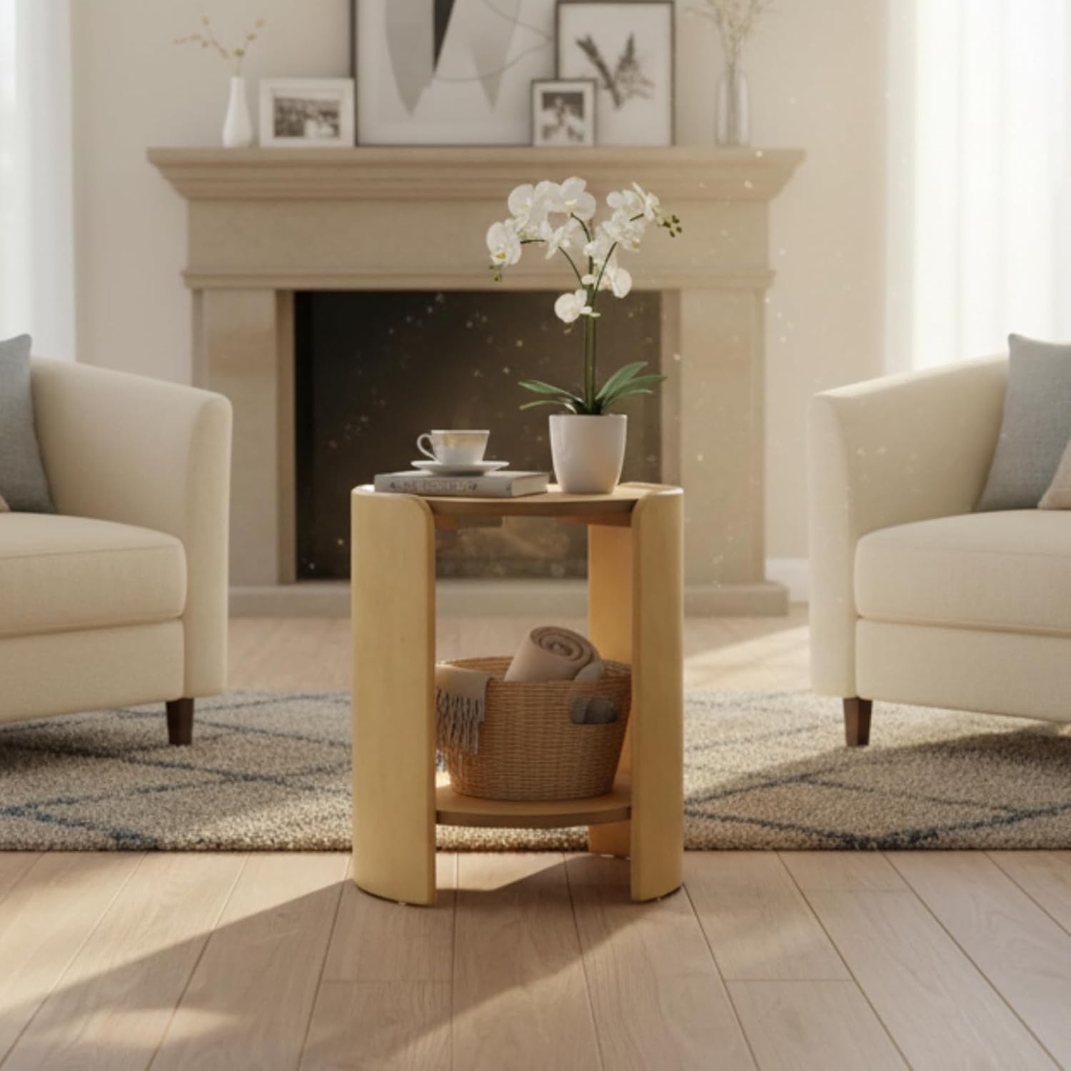 DUOMAY Wood Side Table, 15.5" Wide Round End Table with Storage Shelf Mid Century Modern Bedside Table for Living Room Apartment, Natural Oak Color