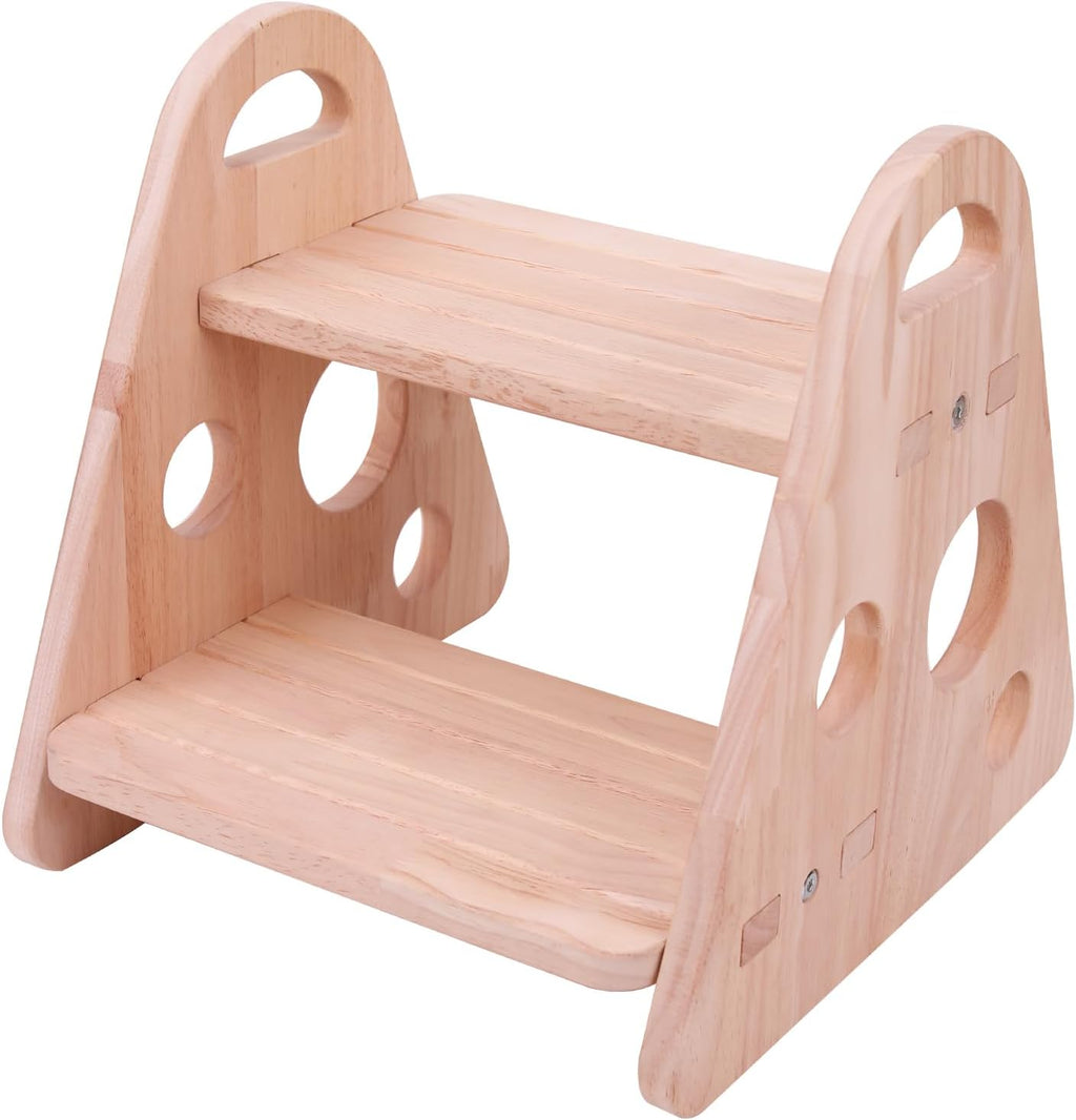 QZM Wooden Step Stool, trilateral Two Step Stools for Toddler 300 lbs Capacity with Safety Non-Slip Pads and Handles for Bathroom, Kitchen Dual Height for Kids, Natural