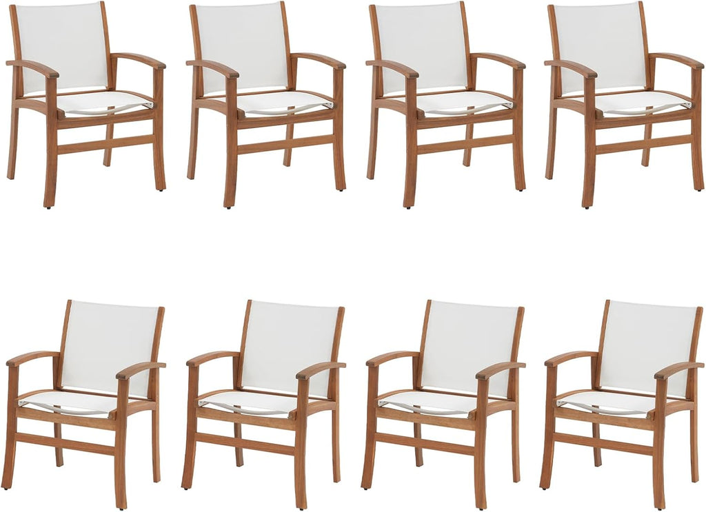 Acacia Wood Patio Dining Chairs Set (White, 8 Pieces) | Outdoor Chair Set with Breathable Textilene Fabric, Metal Support Bars, Curved Armrest, Supports 350lbs For Lawn, Garden