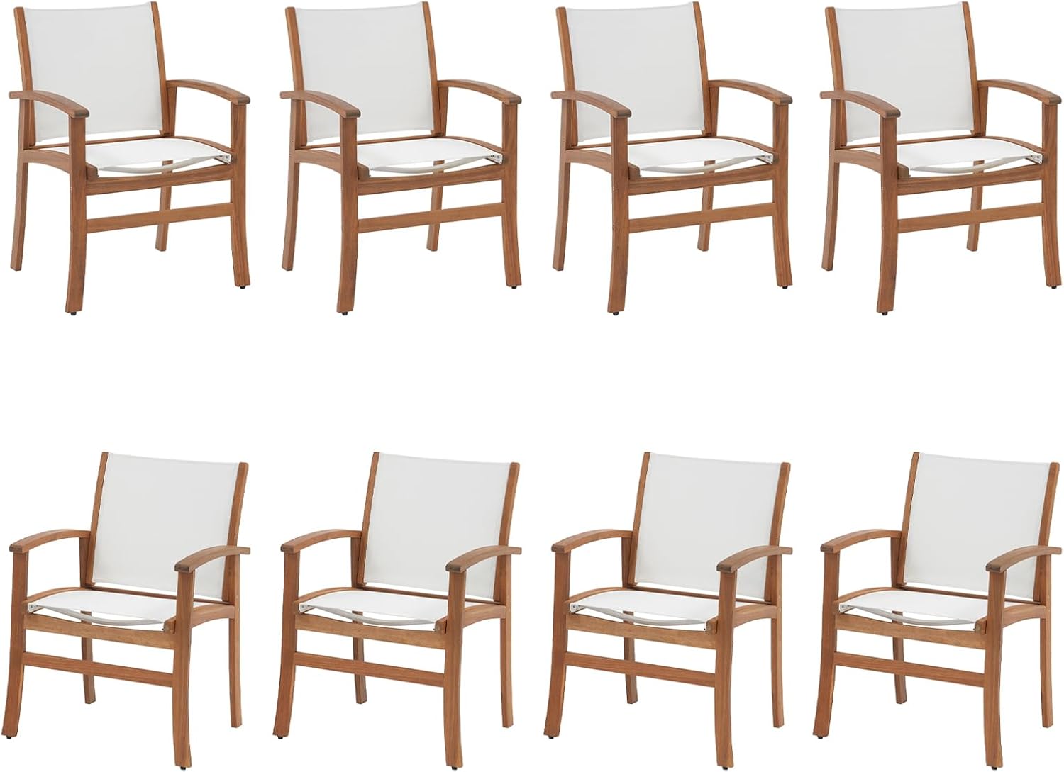 Acacia Wood Patio Dining Chairs Set (White, 8 Pieces) | Outdoor Chair Set with Breathable Textilene Fabric, Metal Support Bars, Curved Armrest, Supports 350lbs For Lawn, Garden