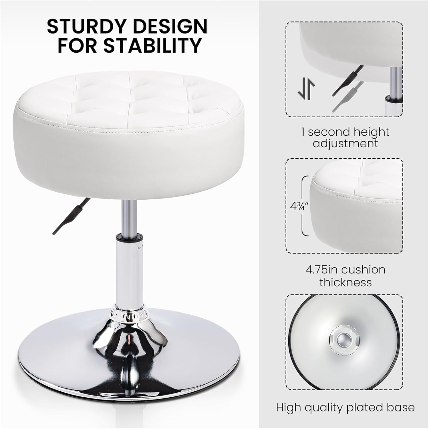 360° Swivel PU Leather Vanity Stool, White Makeup Chair for Bedroom, Large Round Ottoman Stool