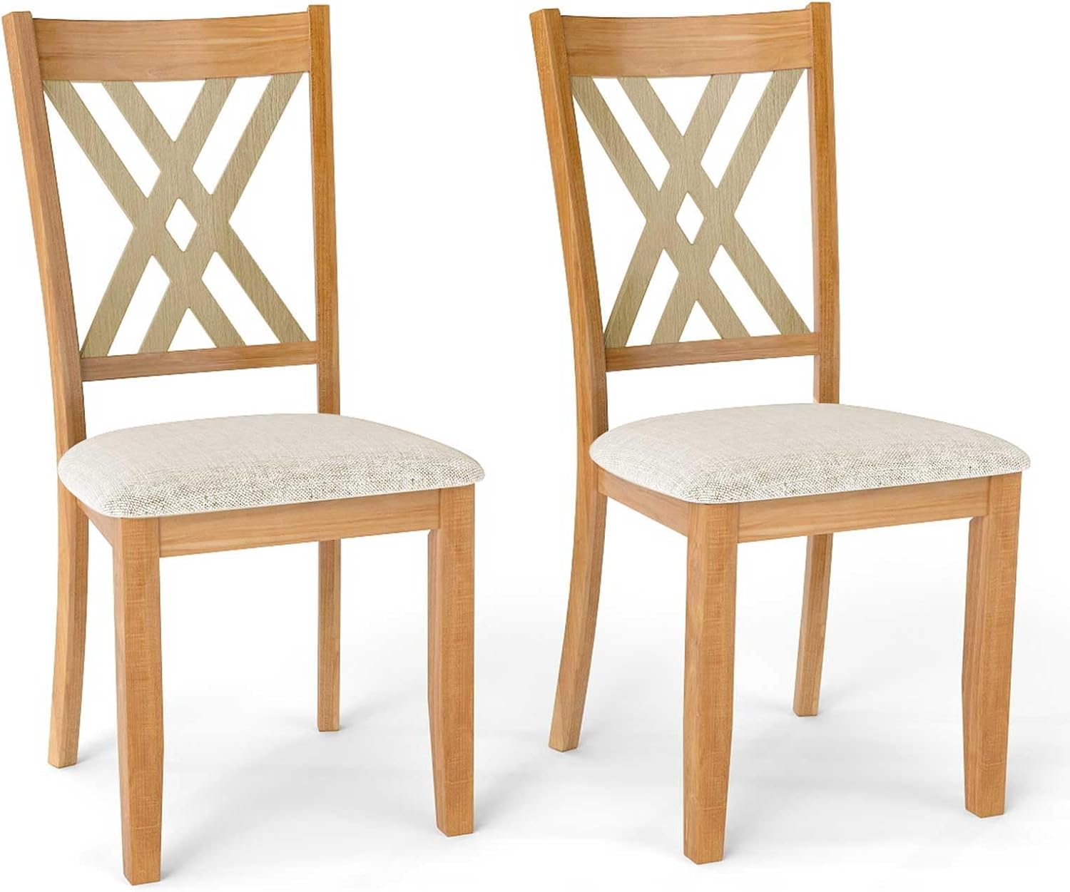 Giantex Wooden Dining Chairs Set of 2, Linen Fabric Upholstered Kitchen Chair w/Rubber Wood Frame, Wide Padded Seat, Curved Cross Back, Farmhouse Side Chairs for Dining Living Room Restaurant