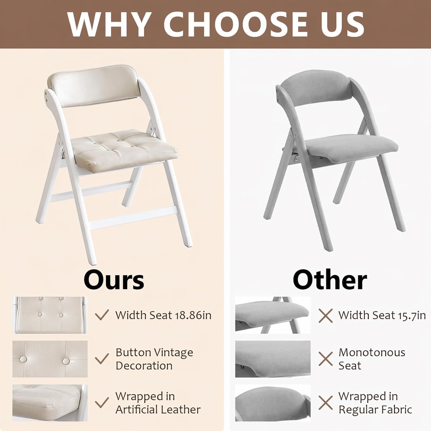 Wood Folding Chairs Set of 2, Upholstered Foldable Dining Chairs with Padded Seat and Backrest, Portable Accent Chairs for Kitchen, Dining Room, Apartment, Office, Guest Seating, White