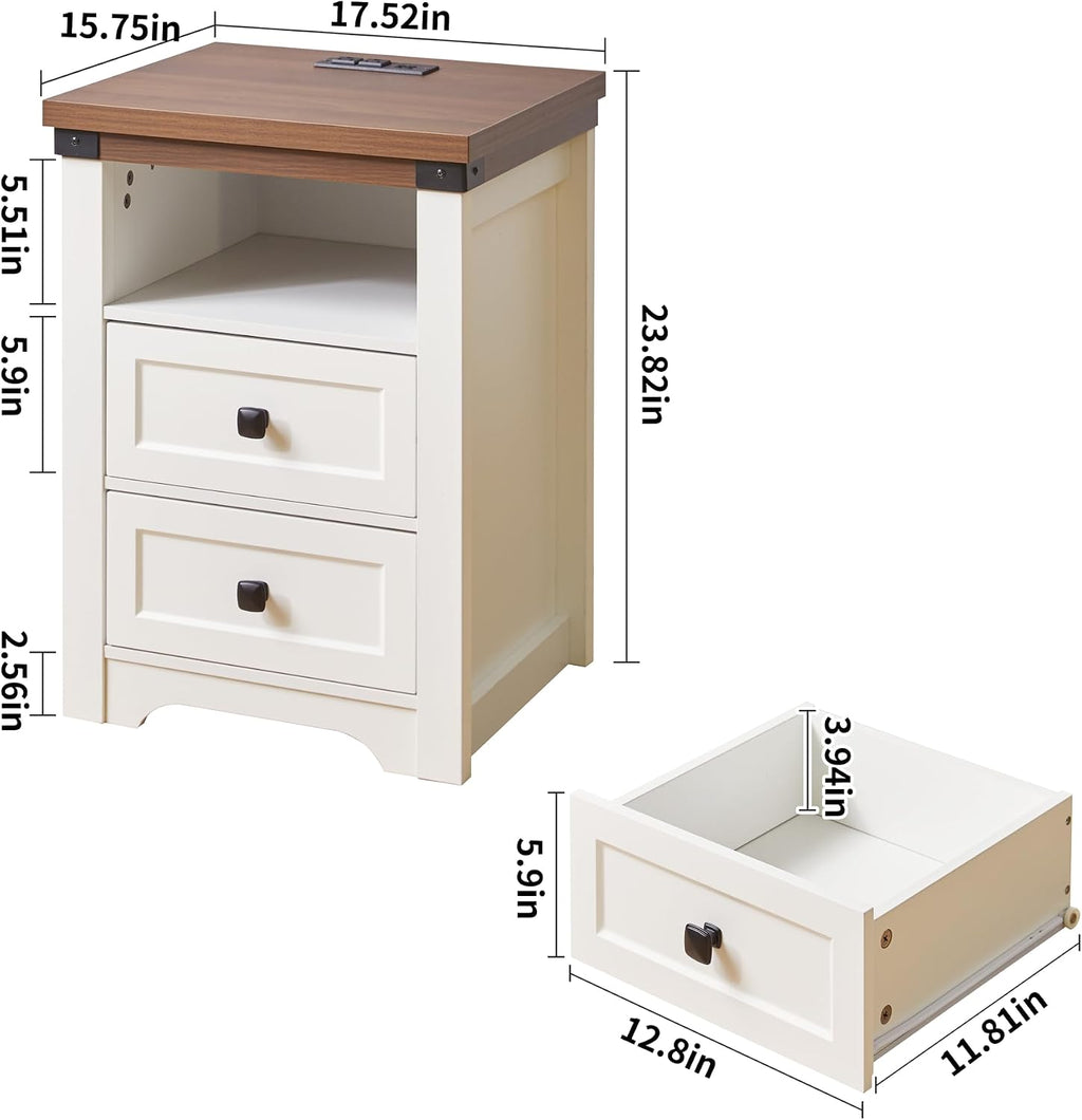 Farmhouse Night Stand with LED Lights,Charging Station, End Table with 2 Drawers & Open Shelf, Modern Bedside Table with USB Ports & Outlets, Side Table Wood for Bedroom Living Room, White