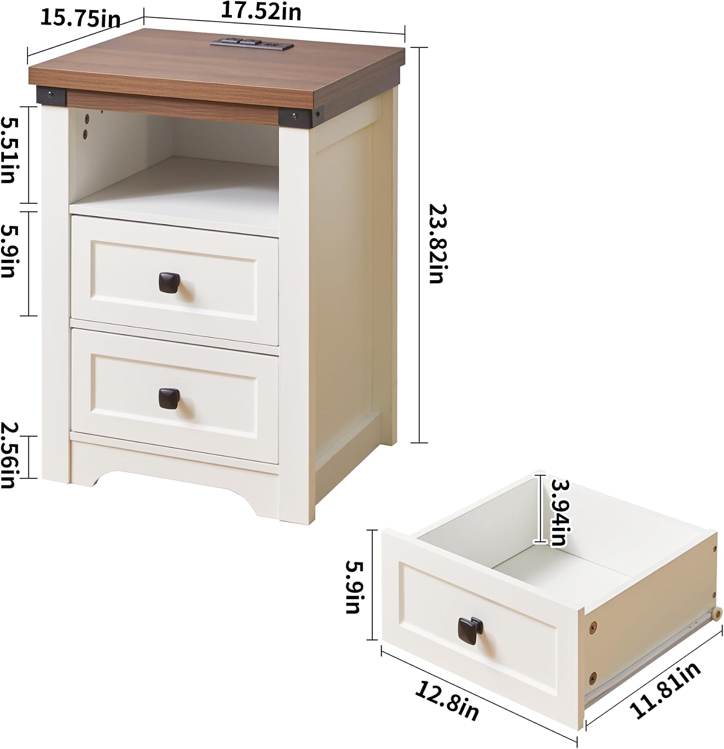 Farmhouse Night Stand with LED Lights,Charging Station, End Table with 2 Drawers & Open Shelf, Modern Bedside Table with USB Ports & Outlets, Side Table Wood for Bedroom Living Room, White
