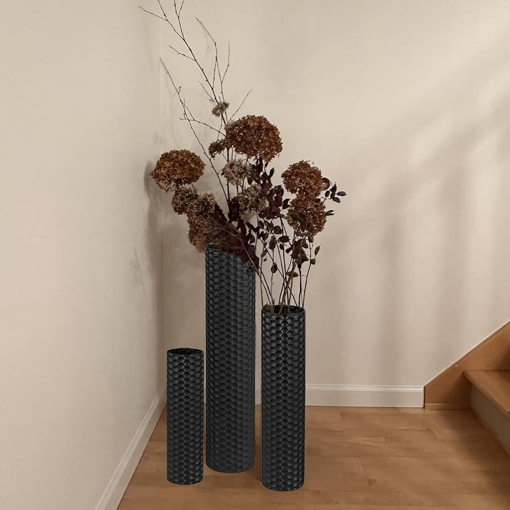 Black Tall Floor Vase - Set of 3 Extra Large Metal Decorative Vases for Living Room, 27.6" Long Modern Honeycomb Texture Big Cylinder Standing Corner Decor for Home Dining Bedroom Pampas Grass